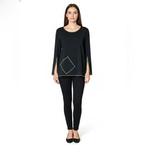 LINDA LUNDSTROM Black Poly / Lycra Stretch Long Sleeve Top Contrast Stitch Sz 12